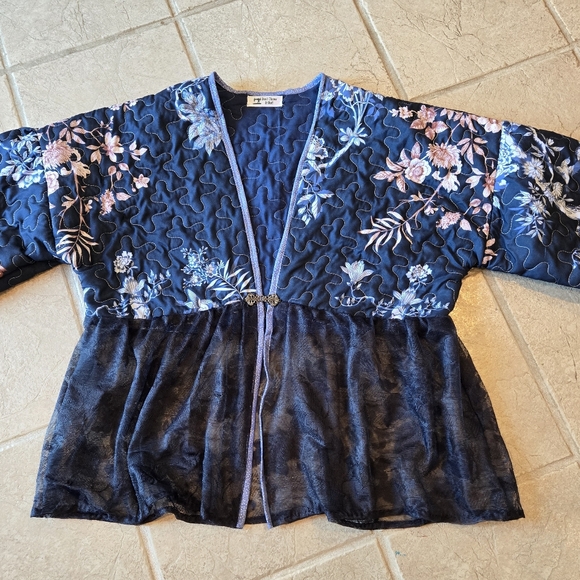 Don't Throw It Out Jackets & Blazers - Upcycled Navy Blue Floral Quilted Jacket L-XL Vtg Lace Peplum Dont Throw It Out